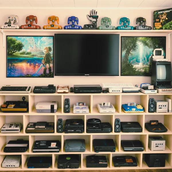 The Save Point Shop game room — consoles shelved by generation