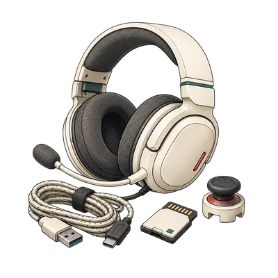 A gaming headset with a detachable boom mic, beside a braided USB-C cable, a memory card and a spare thumbstick