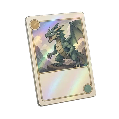 A trading card held at an angle so the rainbow holo foil catches the light, a green dragon on the artwork