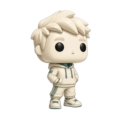 A big-headed vinyl collectible figure in a zip hoodie, joggers and trainers