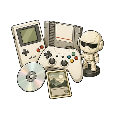 A Game Boy, an NES cartridge, a modern controller, a game disc, a boxed handheld game and a small robot figure grouped together