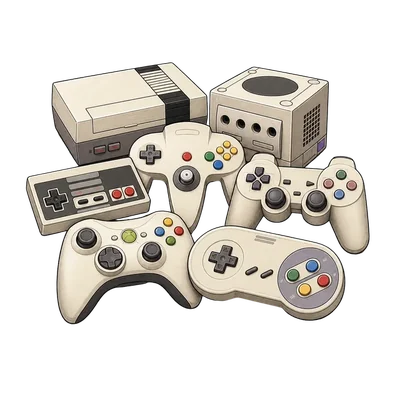An NES and a GameCube behind a fanned-out row of controllers — NES, SNES, N64, PlayStation and Xbox