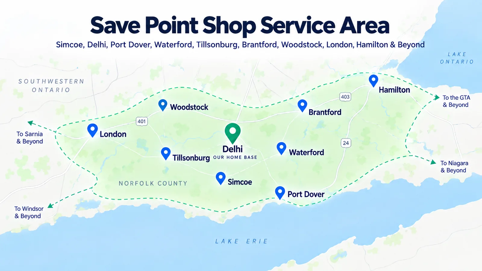 Map of the Save Point Shop service area in southwestern Ontario, centred on our home base in Delhi and covering Simcoe, Port Dover, Waterford, Tillsonburg, Brantford, Woodstock, London and Hamilton.